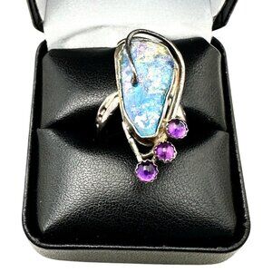 Vintage Artisan Blue Australian Opal Amethyst Sterling Silver Ring Size 7.5